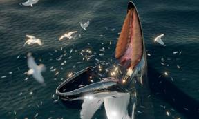 Digital representation of a trap-feeding humpback, thought to be the phenomenon explaining Hafgufa and other sea monsters. Source: J. McCarthy/Marine Mammal Science