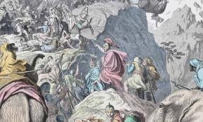 Detail depicting of the famous crossing of the Alps by Hannibal’s elephants. Hannibal's Crossing of the Alps by Heinrich Leutemann. Source: Public domain