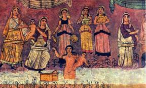 Hellenistic Jewish synagogue fresco Moses being taken from the river Nile. 	Source: Public Domain
