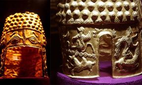 Left: front view of the Helmet of Coțofenești Right: Side view of the mythological creatures on the helmet.      Source: Left: National Museum of Romanian History, GFDL Right: © Radu Oltean / Wikimedia Commons