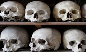 Skulls and bones are piled high at the charnel house Rothwell, Northamptonshire, England. 