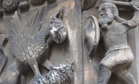 Guifré el Pilós (Wilfred the Hairy), Founder of Catalonia, Slaying a Dragon. Cathedral of Barcelona. Spain.
