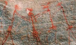 Rock art showing a hunter-gatherer ritual dance; Kondoa, Tanzania. Source: Nick Longrich/The ConversationAnchor