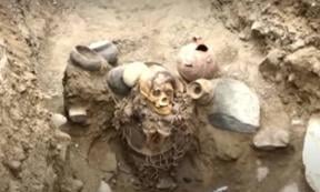Inca mummy in situ at the site in Lima, Peru