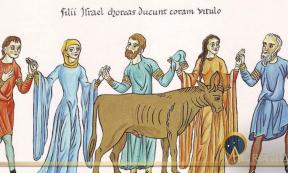 The Adoration of the Golden Calf – Picture from the Hortus deliciarum of Herrad of Landsberg (12th century) (Public Domain)