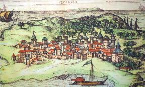 A 1572 depiction of the city of Kilwa on Kilwa Island from Georg Braun and Frans Hogenberg's atlas Civitates orbis terrarum. Source: Public domain