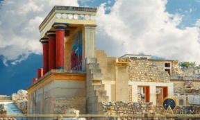 Another viewpoint of the Knossos palace at Heraklion, Crete, which is part of the extensive Knossos Palace ruins that are full of details relating to the great Minoan civilization of the Aegean Sea. ( vladimircaribb / Adobe Stock)