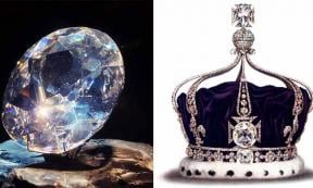 A Kohinoor Diamond replica, and as inset in Queen Mary’s crown, 1919.        Source: Left; aiva / CC BY 2.0, Right; Public Domain