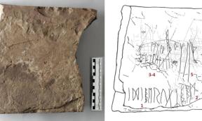 Left: Sandstone fragment with runic inscription. Right: Illustration highlighting the runes.