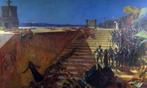 "The Last Days of Tenochtitlan, Conquest of Mexico by Cortez", a 19th-century painting by William de Leftwich Dodge. 