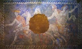 The mosaic of the third chamber of the Amphipolis tomb, representing the Abduction of Persephone by Pluto. 