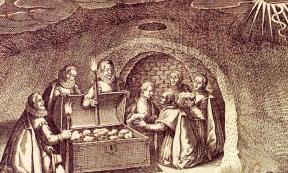 Etching by Francisco Heylan depicting the discover of the Lead Books of Sacromonte. Source: Public domain