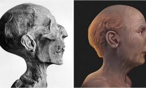 Left; Mummified skull of Ramesses II, Right; Reconstructed face of Ramesses by Cicero Moraes	.	Source: Left; G. Elliot Smith/Public domain, Right; © Cicero Moraes