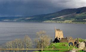Looking south across Loch Ness from Urquhart Castle Boleskine House is the white cottage on the hillside. Many locals claim sightings of the Loch Ness Monster increased after Crowley resided here.