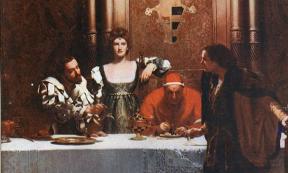 Painting by John Collier, "A glass of wine with Caesar Borgia," depicting Cesare Borgia, Lucrezia Borgia, Pope Alexander, and a young man holding an empty glass. The painting represents the popular view of the treacherous nature of the Borgias: the implication being that the young man cannot be sure that the wine is not poisoned. 		Source: John Collier / Public domain