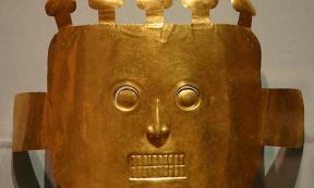 Funerary Mask, from Malagana 200BC-200AD on exhibit with the exhibit "The Spirit of Ancient Columbian Gold". 