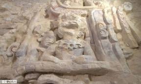 One of the Kaanu'l dynasty plaster reliefs found at Archaeological Zone of Dzibanché, Mexico. 