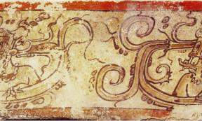 An illustration of K'awiil, the Maya god of storm, on pottery. 