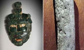 Undated photo of a mosaic jade mask discovered inside an ancient Maya tomb dating back 1,700 years in Chochkitam, Guatemala, near the borders of what are now Mexico and Belize, on July 1, 2022. Source: Francisco Estrada-Belli/Tulane University