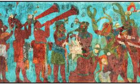 Mayan Music: A painted image of a file of Mayan musicians playing rattle, ocarina, and trumpets while a theatrical scene goes on.
