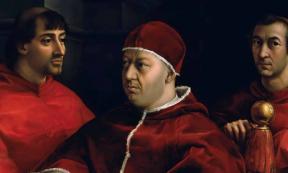 Pope Leo X and his cousins, by Raphael. Pope Leo X was a prominent member of the Medici Dynasty and Pope of the Catholic Church. 	Source: Public domain