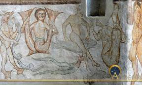 Tramin (South Tyrol. )Saint James church in Kastelaz: Romanesque frescos (1210s ) showing fantastic creatures. (Public Domain)