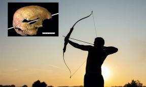 Main: Representation of a man firing a medieval longbow. (Oksana Volina / Adobe stock).     Inset: Exit wounds seen on the cranium used in the study. (Oliver Creighton / University of Exeter)