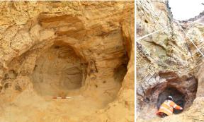 Left: The small cave is full of intricate engravings, initials and other markings, revealing insights into medieval religion. Right: Archaeologists investigating the cave, which could only be reached by abseiling.            Source: Archaeology South East