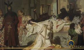 Kriemhild accuses Hagen of murdering Sigfrid after Sigfrid's wounds begin to bleed in Hagen's presence, by Emil Lauffer (1879) (Public Domain)