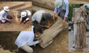 A composite image of various photos of the headless Greek statue recently unearthed in the ancient city of Metropolis, Turkey in the spring of 2021.    Source: Anadolu Agency