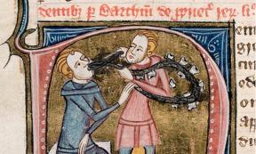 Miniature on a initial 'D' with a scene representing teeth ("dentes"). A dentist with silver forceps and a necklace of large teeth, extracting the tooth of a seated man. (England (London); 1360-1375