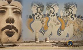 Fusion of elements: 1) the central city of Amarna, looking east (photo by author), a statue of Akhenaten, with the famous Minoan fresco from the Knossos Palace, “Ladies in Blue”, circa 1500 BC. (Public Domain)