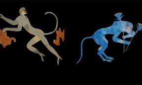 Left, vervet monkey depicted in Minoan art at Akrotiri, Thera; Right, Baboon shown in a fresco at Knossos      Source: Antiquity Publications Ltd