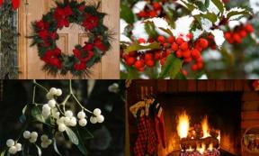 Ancient Christmas customs still held today. A door decorated with a Christmas wreath. (CC0) Snowy holly. (liz west/CC BY 2.0) Mistletoe. (CC0) A Yuletide fireplace. (Randy Robertson/CC BY 2.0)