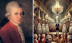 Left; Detail of Wolfgang Amadeus Mozart from Mozart family portrait by Croce. Right; and AI representation of the scene in Vienna.	Source: Public Domain