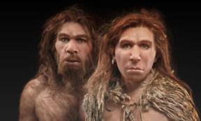 Illustration of Neanderthal couple, based on latest research into the Neanderthals’ actual appearance.