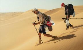 Professor Dominic Stratford and Dr George Leader, trekking the Namib desert.