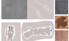 Left, Nazca geoglyphs recently discovered using artificial intelligence show figures of a pair of bird legs, a humanoid and a fish at Nazca in Peru. Right, Examples of various types of Nazca image creation techniques. Source: Yamagata University Institute of Nasca