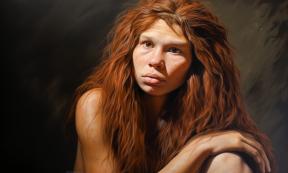 Close up portrait of a Neanderthal human woman.