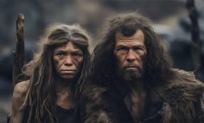 AI representation of a Neanderthal couple wearing fur. Source: Ricky/Adobe Stock