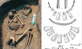 Left) A grave from Osłonki with valuable artifacts, visible near the hands; right) a drawing of the artifacts. Source: Peter Bogucki