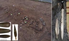 The long Neolithic Hall at Carnoustie, with inset artifacts found and, right, replica of the Carnoustie weapon hoard.  