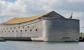 Sir Aad Peter’s Dutch Noah’s Ark replica is shown here docked in the Netherlands, where it was conceived. But now that the Biblical ship has sailed to the UK it may never return until the paperwork is in order and the hefty daily fines are paid.	