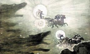 The Wolves Pursuing Norse sun and moon gods Sol and Mani            Source: John Charles Dollman, 1909, Public Domain, colorized