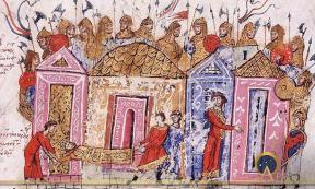 The body of Leo V is dragged to the Hippodrome through the Skyla Gate. Varangian Guardsmen, an illumination from the Skylitzes Chronicle; many if not most members of the Varangian guard were English after the 11th century (Public Domain)