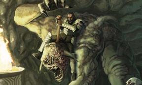 Beowulf fighting Grendel’s Mother beside Grendel’s body.