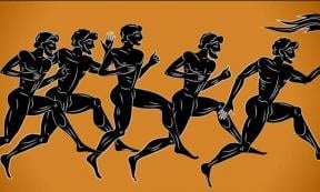 Black-figured runners with the torch. AI Illustration in the ancient Greek style.  Source: sebos / Adobe Stock    