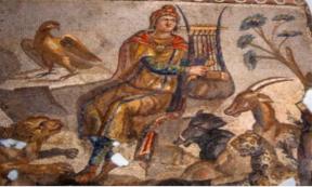 Orpheus charming the animals, mosaic. 