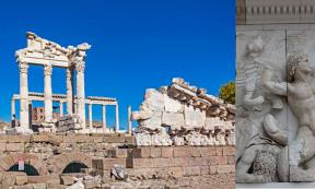 Pergamon Altar of Zeus in modern-day Turkey. Right; one of the friezes from the altar.	Source: Left; cem/Adobe Stock Right; Miguel Hermoso Cuesta/CC BY-SA 4.0