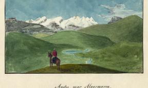 Drawing of a man on horseback, facing the Peruvian Andes.